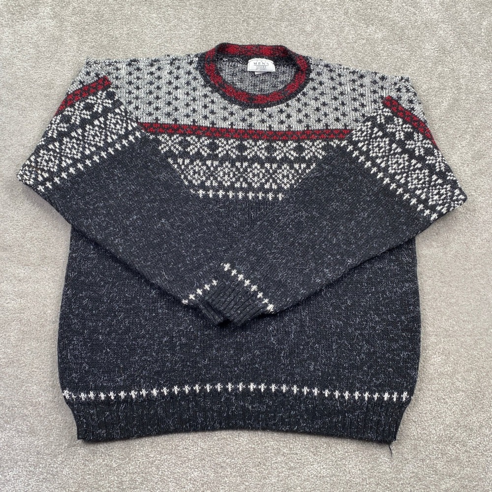 Sears The Mens Store Sweater Mens Large Black Red Fair Isle Vintage Knit USA